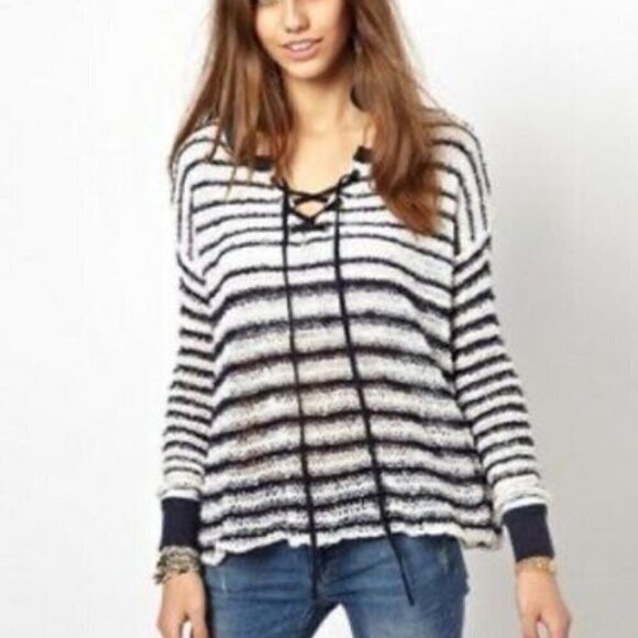Free People Judy Punk open weave sweater stripe navy blue lace tie Small - Picture 1 of 5